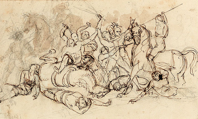 'Estudo para uma Cena de Batalha' (sem data), desenho de Manuel de Arajo Porto-Alegre 