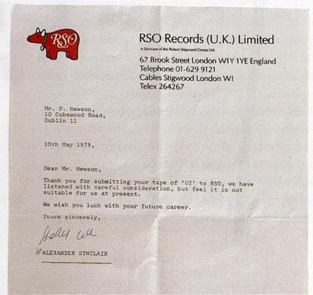 Carta de rejeio de gravadora recebida pelo U2, em maio de 1979