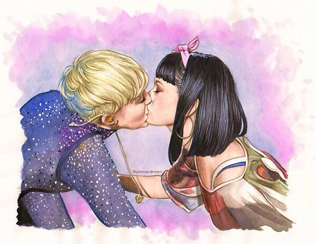 Ilustrao do beijo de Miley Cyrus em Katy Perry, divulgada pela intrprete de 'Wrecking Ball'