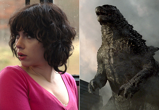 Scarlett Johansson, em cena do filme 'Sob a Pele', e o monstro Godzilla, no longa de Gareth Edwards