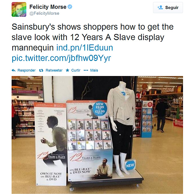 Imagem no Twitter mostra o manequim vestido como protagonista de '12 Anos de Escravido'