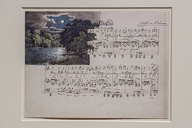 Um souvenir ilustrado por Felix Mendelssohn, em exibio na Morgan Library and Museum