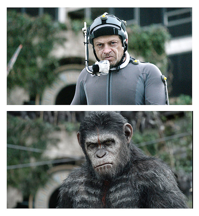 O ator Andy Serkis nas filmagens (acima) e como macaco no longa