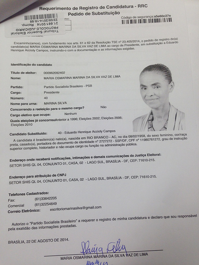 Requerimento de candidatura de Marina Silva à Presidência da República