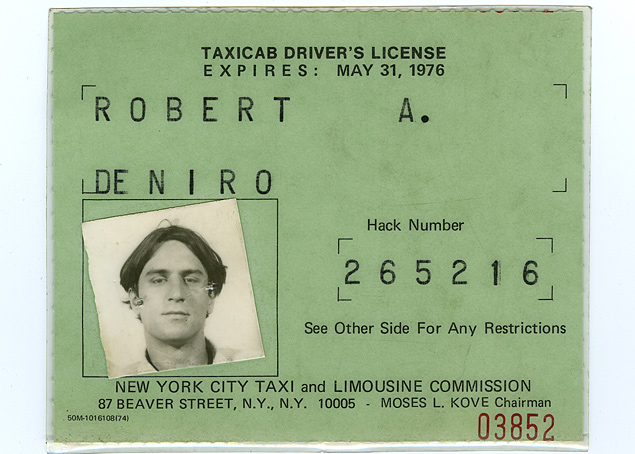 Licena para dirigir txis usada pelo ator Robert De Niro durante preparao do personagem Travis Bickle, de 'Taxi Driver