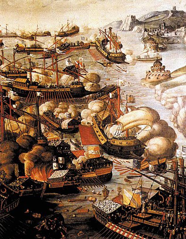 Pintura da Batalha de Lepanto, de H.Letter (1571), entre Veneza, Roma, Espanha e Turquia