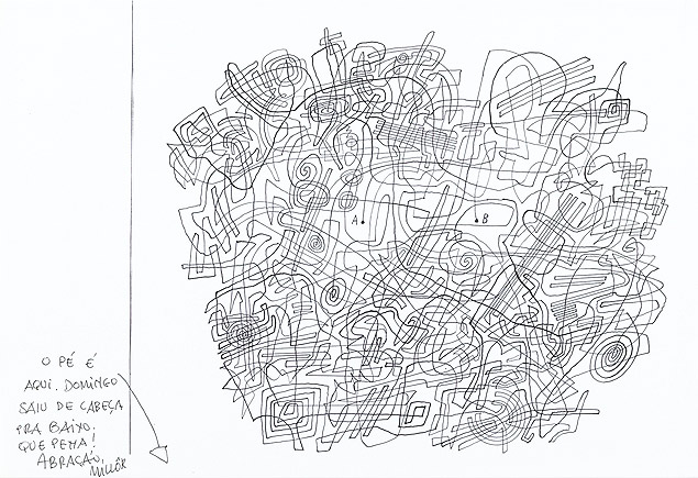 Desenho de e Saul Steinberg erroneamente atribudo a Millr no livro 'Millr 100 desenhos + 100 frases'