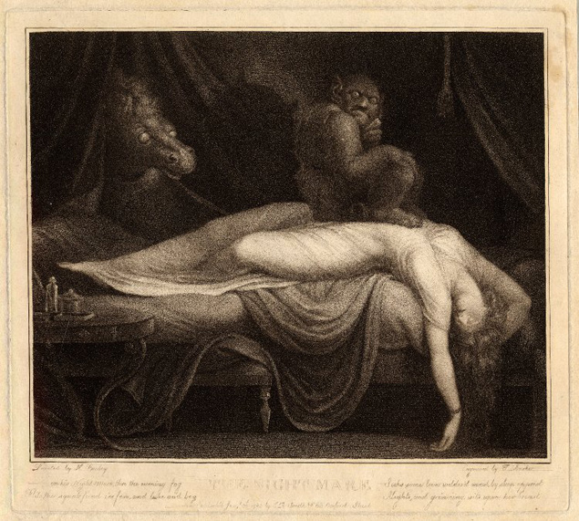O Pesadelo', do suo Henry Fuseli, em impresso datado de 1783, presente na exposio "Terror and Wonder - The Gothic Imagination", em Londres