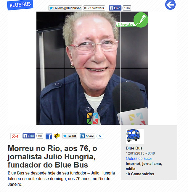 Morreu no Rio, aos 76, o jornalista Julio Hungria, fundador do Blue Bus