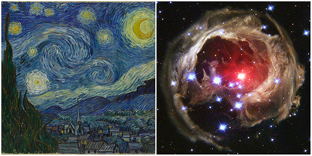 À esq., 'Noite Estrelada', de Van Gogh; acima, imagem feita pelo telescópio Hubble em 2004 mostra redemoinhos de poeira e gás