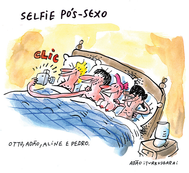 "Selfie ps-selfie" desenhada por Ado Iturrusgarai, entre os personagens Otto, Aline e Pedro 