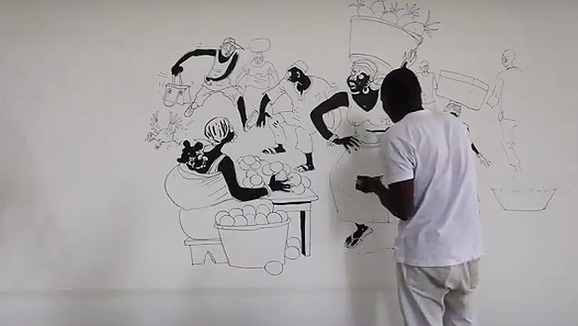 O artista Hecton Sonon, do Benin, prepara obra no Museu Afro Brasil