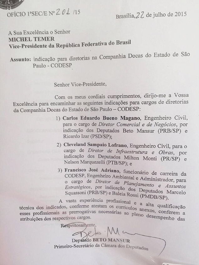 A carta assinada pelo deputado Beto Mansur (PRB-SP)
