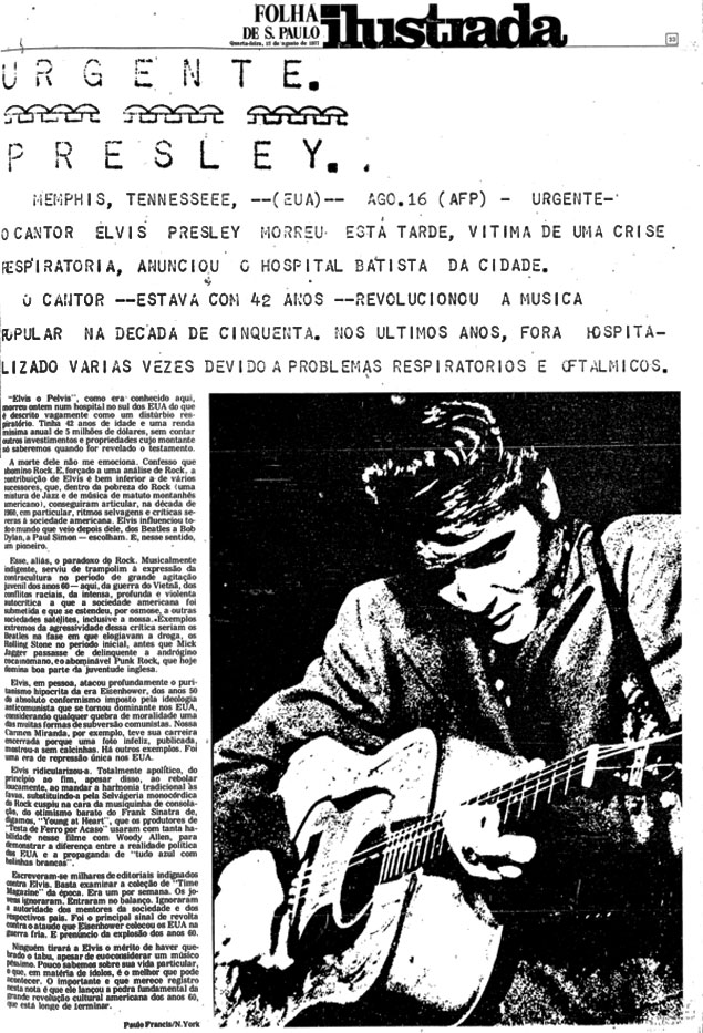 Capa da "Ilustrada" de 17 de agosto de 1977, noticiando a morte de Elvis Presley