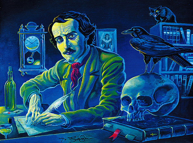 ORG XMIT: 365801_0.tif O poeta, contista e romancista Edgar Allan Poe e elementos do imaginrio de sua obra em ilustrao do artista plstico ingls David Gough. (Foto Reproduo) 