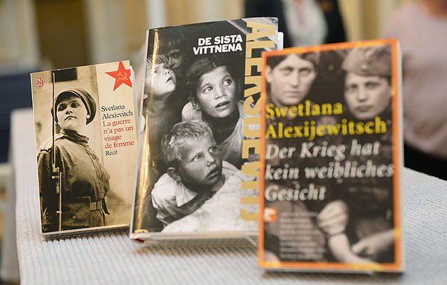 Books of Belarussian writer Svetlana Alexievich translated in different languages are on display at the Swedish Academy in Stockholm, where she was announced winner of the 2015 Nobel Prize in Literature on October 8, 2015. AFP PHOTO / JONATHAN NACKSTRAND ORG XMIT: 4431
