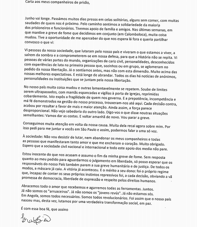 Carta assinada por Luaty Beiro e publicada pelo site "Rede Angola"