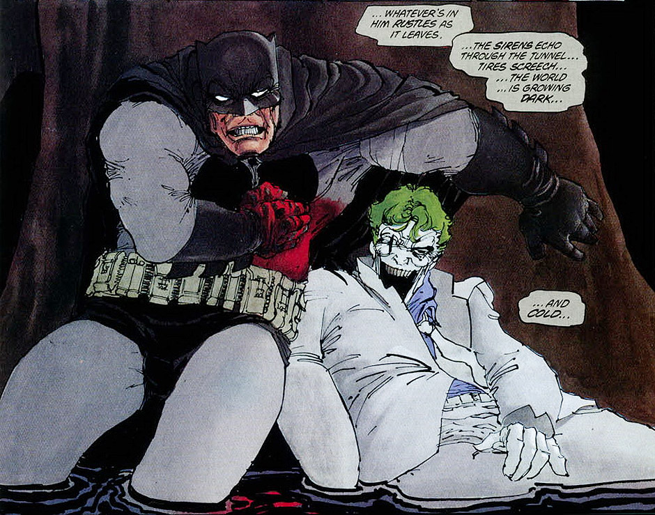 Legenda: "Coringa e Batman dos quadrinhos de Frank Miller."Crdito: Reproduo/flickeringmyth.comhttp://www.flickeringmyth.com/wp-content/uploads/2015/04/tdkr-hunt-the-dark-knight-batman-joker.jpg