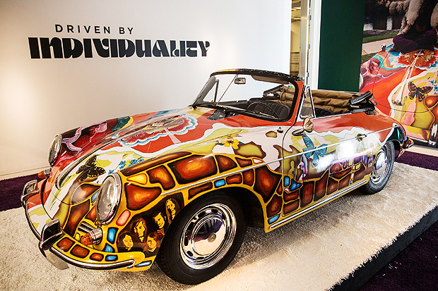 NEW YORK, NY - DECEMBER 04: The Janis Joplin 1964 Porsche 356 C 1600 SC Cabriolet sits on display at Sotheby's during a press preview before the 