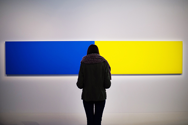 A visitor looks at the artwork 'Two Panels - Blue-Yellow' (1970) by US artist Ellsworth Kelly as part of the exhibition "J'aime les panoramas" (I love the panoramas) at the Museum of European and Mediterranean Civilisations (MUCEM) in Marseille, southern France on November 2, 2015. The exhibition will run from November 4, 2015 to February 29, 2016. AFP PHOTO / BERTRAND LANGLOIS RESTRICTED TO EDITORIAL USE, MANDATORY MENTION OF THE ARTIST UPON PUBLICATION, TO ILLUSTRATE THE EVENT AS SPECIFIED IN THE CAPTION ORG XMIT: BL4845