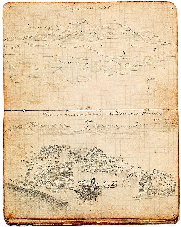 Desenho do Arraial de Canudos visto do Morro da Favela, feito por Euclydes da Cunha em sua caderneta 
