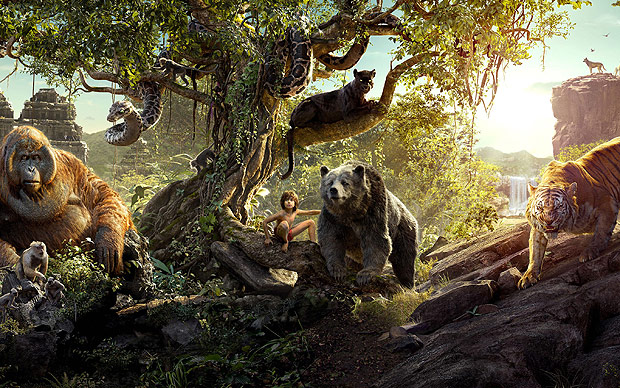 O orangotango Louie, a cobra Kaa, Mogli, a pantera Baguera, o urso Baloo e o tigre Shere Khan