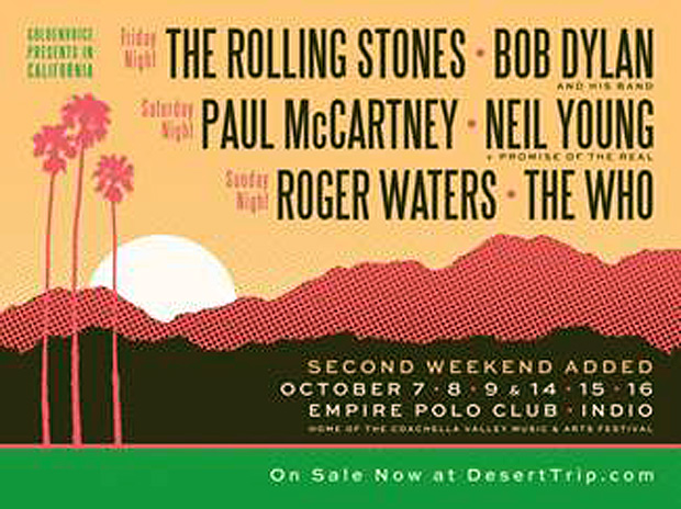 Pster do festival Desert Trip, que acontece entre 7 e 9 e 14 e 16 de outubro, nos EUA
