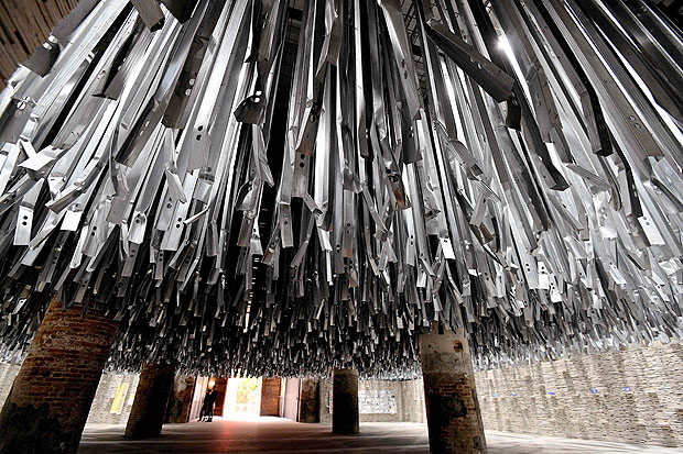 A picture shows a work built using debris from Biennale Arte 2015 made by architect Alejandro Aravena presented on May 25, 2016 during the opening of the 15th International Architecture Exhibition in Venice. The Biennale, entitled "Reporting from the front", curated by Chilean Alejandro Aravena will be open to the public from May 28 through November 27, 2016. / AFP PHOTO / VINCENZO PINTO ORG XMIT: VIP002