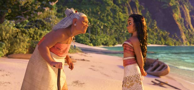 This image released by Disney shows characters Grandma Tala, voiced by Rachel House, left, and Moana, voiced by Auli'i Cravalho, in a scene from the animated film, 