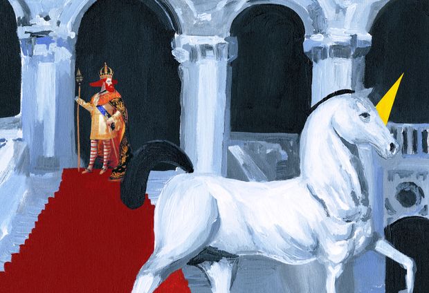 Pintura de Renato Moriconi em "O Dia de Festa", em que ele mistura telas e colagens com aluses a grandes artistas, na histria de um reino que espera um unicrnio