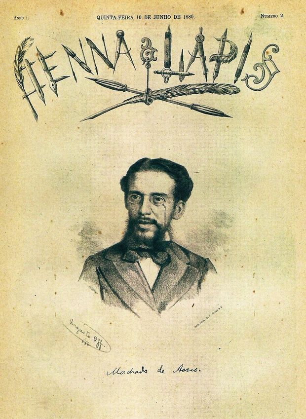 Desenho de Machado Assis feito por Augusto Off e estampado na capa do n 2 da revista Penna & Lapis, de 10 de junho de 1880