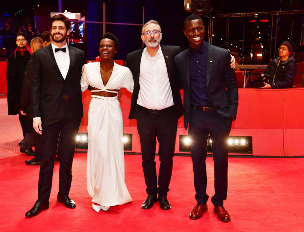 (L to R) Actor Julio Machado, Portuguese actress Isabel Zuaa, Brazilian director Marcelo Gomes and actor Welket Bungue pose on the red carpet for the premiere of the film 