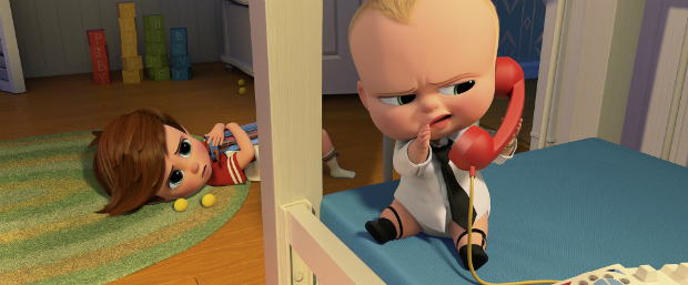 This image released by DreamWorks Animation shows characters Tim, voiced by Miles Bakshi, and Boss Baby, voiced by Alec Baldwin in a scene from the animated film, "The Boss Baby." (DreamWorks Animation via AP) ORG XMIT: NYET620