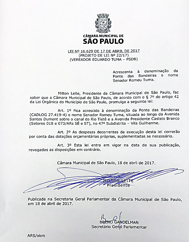 Documento que promulga homnagem a Romeu Tuma em São Paulo