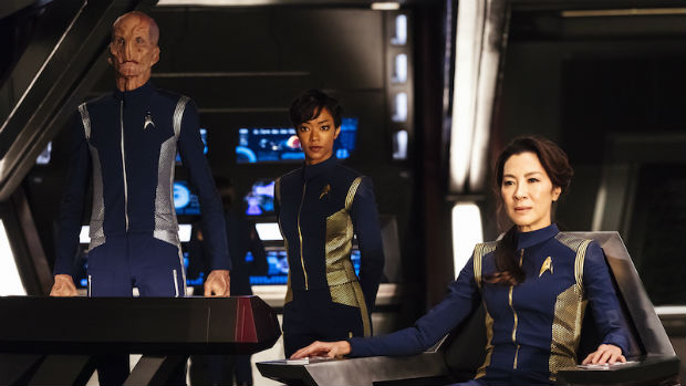 Doug Jones as Lieutenant Saru, Sonequa Martin-Green as First Officer Michael Burnham, and Michelle Yeoh as Captain Philippa Georgiou.