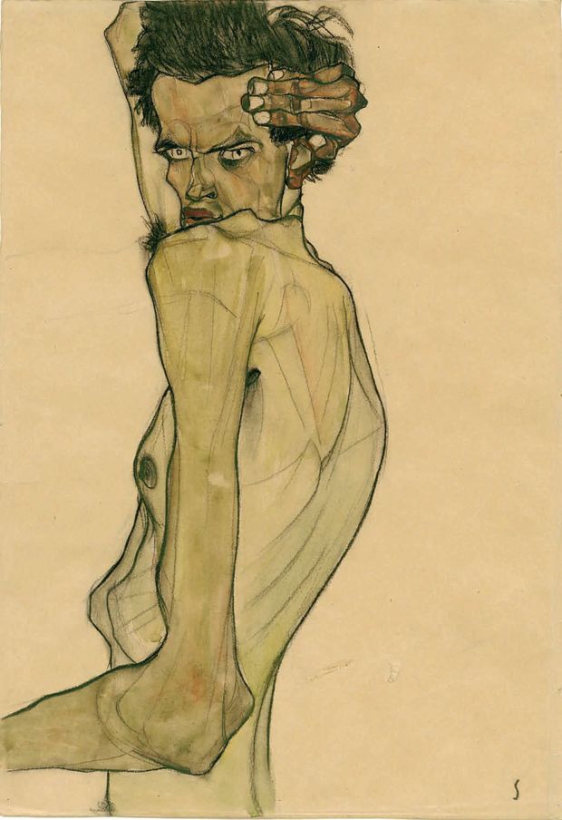 Autorretrato com Brao Torcido Acima da Cabea', tela de 1910, de Egon Schiele, no livro da Taschen
