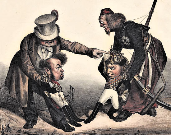 Na caricatura de Daumier (1833), apoiado pelo rei da Frana, D. Pedro encara o irmo D. Miguel ( dir.)