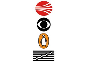 Antiga logomarca da Continental Airlines e logos da rede de TV CBS, da editora Penguin e do Centro Georges Pompidou