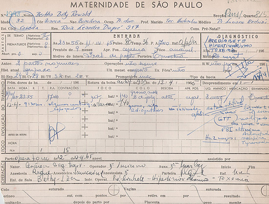 Pronturio de Bertha Bety Rewald, que deu  luz Rubens na Maternidade So Paulo em 12 de abril de 1965