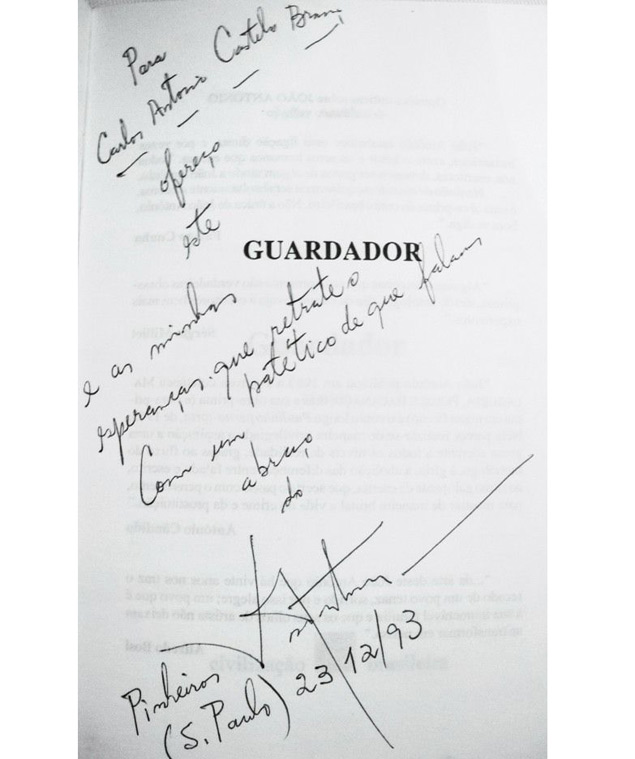 Dedicatria de Joo Antnio para Carlos Castelo, no livro 'Guardador'
