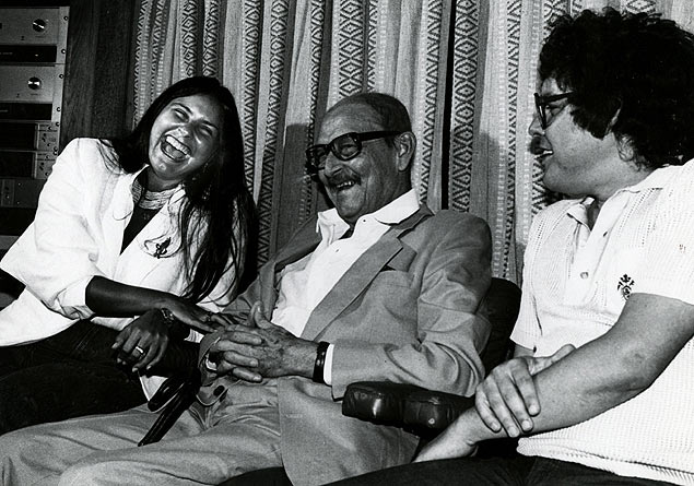 Faf de Belm, o poltico Teotnio Vilela e Fernando Brant, no estdio da Som Livre, em 1983