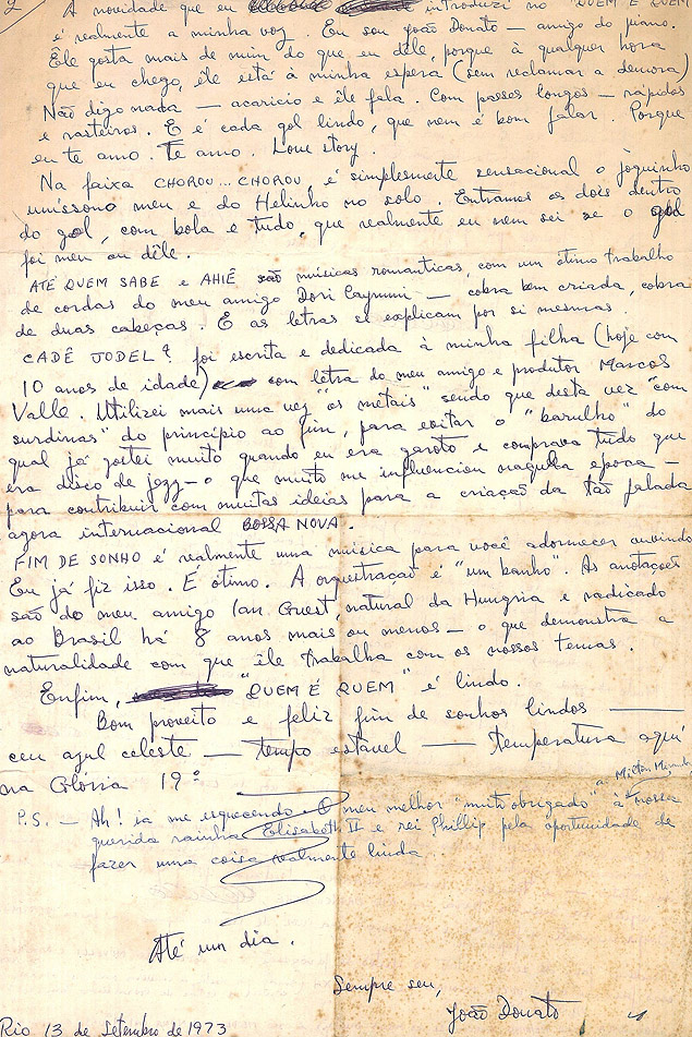 Carta de 1973 em que João Donato descreve o disco "Quem É Quem" a João Gilberto