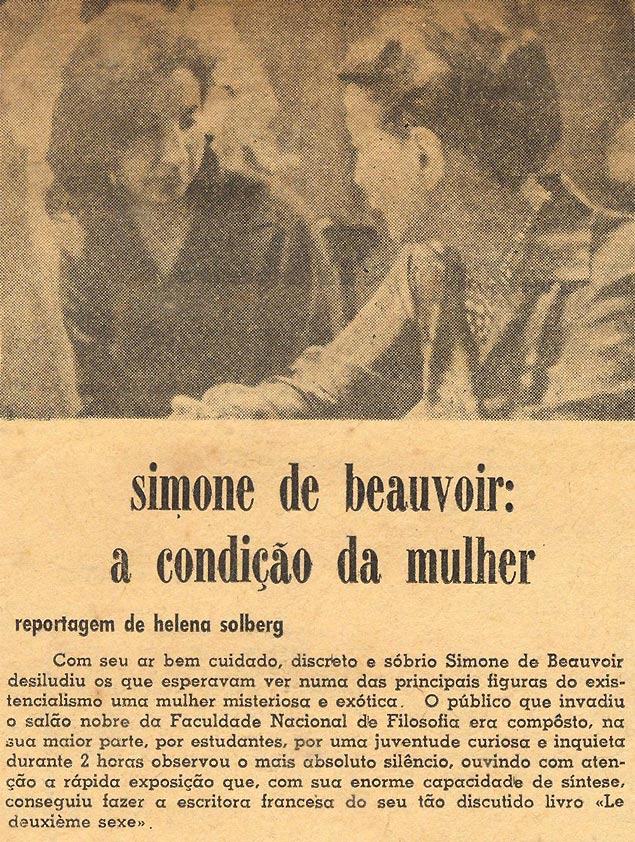 Recorte do jornal "O Metropolitano", com foto de Solberg (esq.) e Beauvoir