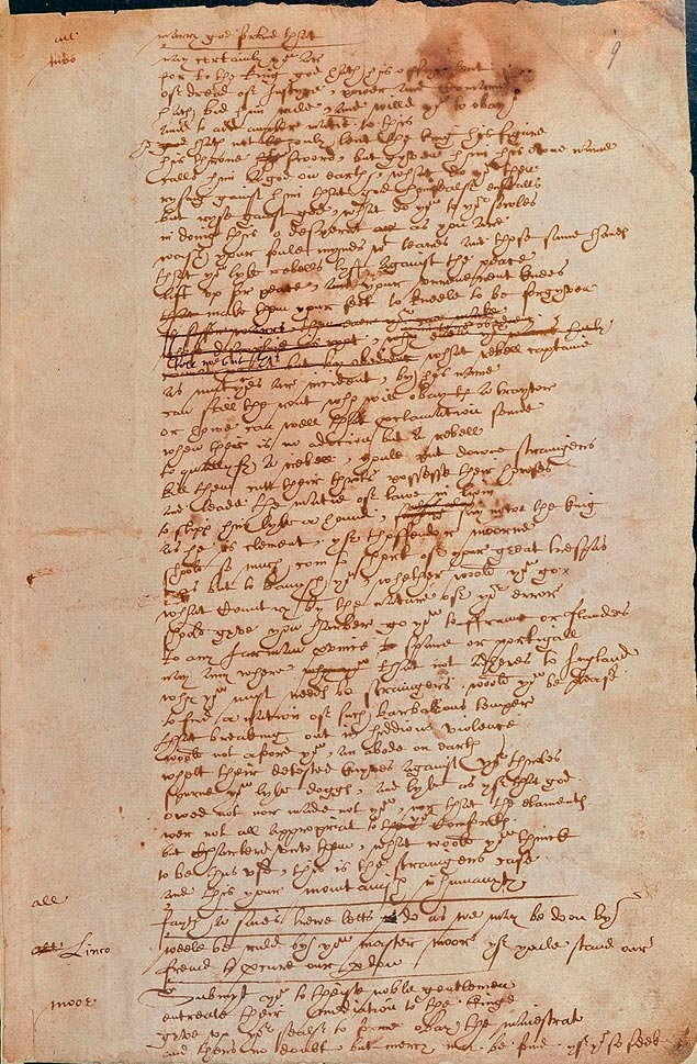 Manuscrito da pea "Sir Thomas More", com a caligrafia d, que se acredita ser de Shakespeare