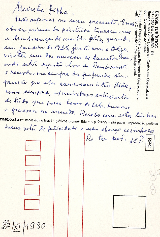 Postal de Prestes que acompanhou presente dado a sua filha em 1980