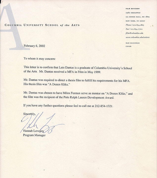 Carta da Universidade Columbia confirmando que Dantas foi orientado por Milos Forman