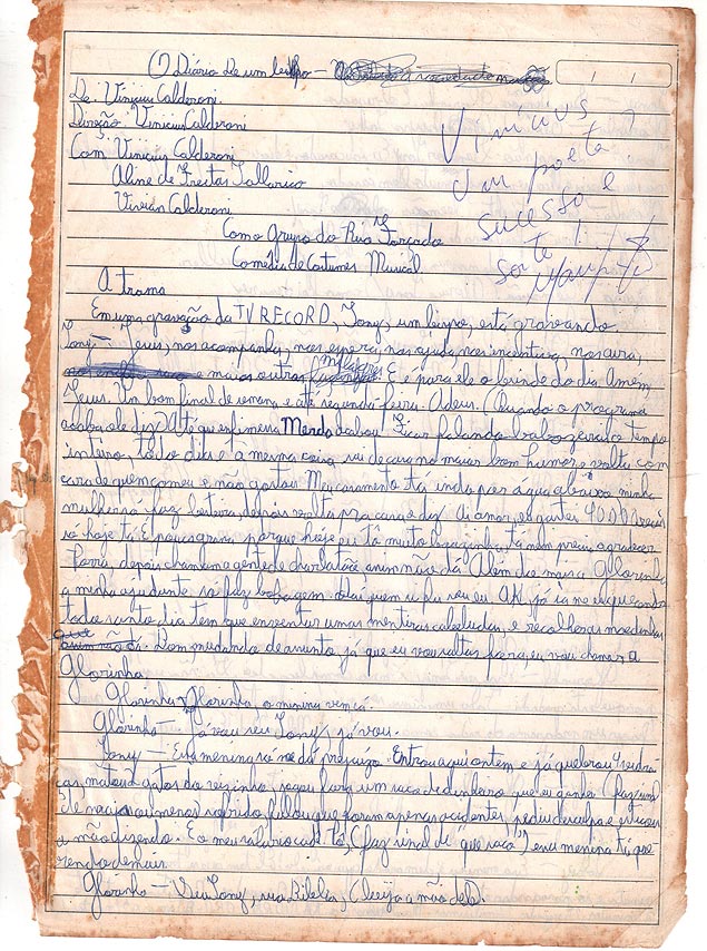 Pgina de caderno escolar em que o autor, ainda criana, esboava suas primeiras peas de teatro e onde figura o autgrafo de Marlia Pra