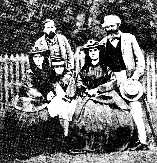 Engels, Marx e as filhas de Marx, Laura, Eleanor and Jenny, em 1864
