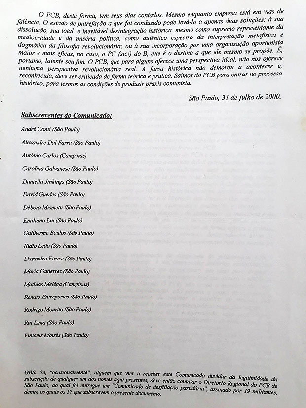 verso de comunicado de desfiliação partidária do PCB assinado por Guilherme Boulos e Alexandre Dal Farra em 2000