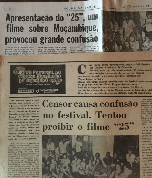Páginas da "Folha da Tarde" (SP) e da "Folha da Manhã" (RS) sobre a sessão em Gramado